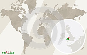 Zoom on Wales Map and Flag. World Map