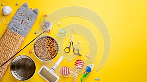 Zoomarket and pet store.Catty background, with cat accessories on a yellow background.Cat .Flat-lay