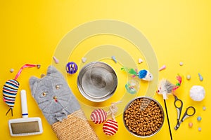 Zoomarket and pet store.Catty background, with cat accessories on a yellow background.Cat .Flat-lay