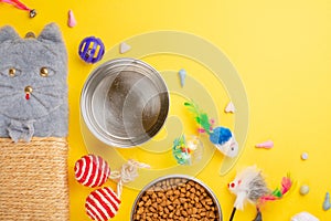 Zoomarket and pet store.Catty background, with cat accessories on a yellow background.Cat .Flat-lay