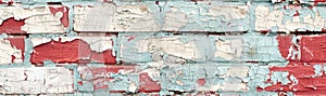 Zoomed-in image of painted brick, focusing on the peeling paint and underlying texture for a distressed effect