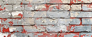 Zoomed-in image of painted brick, focusing on the peeling paint and underlying texture for a distressed effect