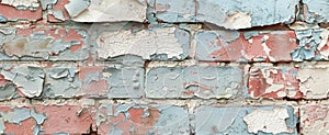 Zoomed-in image of painted brick, focusing on the peeling paint and underlying texture for a distressed effect