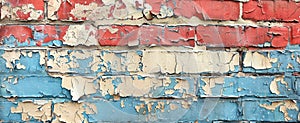 Zoomed-in image of painted brick, focusing on the peeling paint and underlying texture for a distressed effect