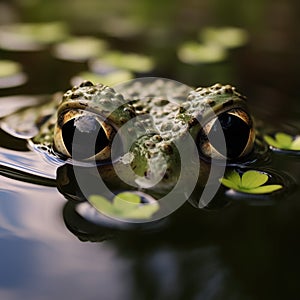 A zoomed-in perspective of a frog on a lily pad, its eyes just above the water, watching the world go by