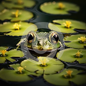 A zoomed-in perspective of a frog on a lily pad, its eyes just above the water, watching the world go by