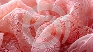 A zoomed-in shot of a Coral Pink lace fabric, showcasing its delicate patterns, fine threads, and soft color, occupying