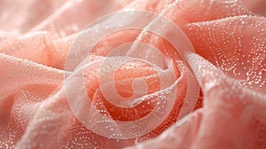 A zoomed-in shot of a Coral Pink lace fabric, showcasing its delicate patterns, fine threads, and soft color, occupying