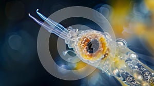 A zoomed in shot of a rotifer a minuscule animal with a transparent body and a rotating cilia around its mouth used for