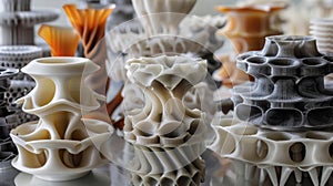 Zoomed in on a stack of 3D printed prototypes each made with a different material. The range of materials used in 3D