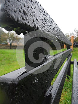 Zoomed in view of a black park bench with rain drops