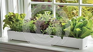 A zoomedin image of a window box filled with a vibrant mix of herbs and leafy greens. The box sits on a windowsill photo