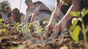 A zoomedin shot of a group of students each holding a different gardening tool as they work together to prepare the soil