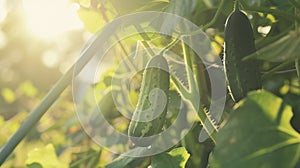 A zoomedin shot of a matured cucumber plant boasting several large and plump cucumbers. The plant is supported by a photo