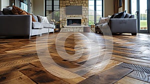 Zoomedin view of a chevron patterned hardwood floor accentuating the unique grain and texture of the wood photo