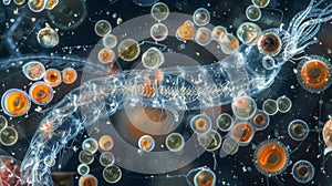 A zoomedin view of a krill larva struggling to navigate through a swarm of intricately shaped radiolarian plankton like