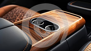 A zoomedin view of the wood trim on the center armrest showcasing the intricate pattern and meticulous craftsmanship photo