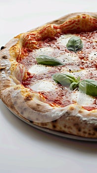 Zooming in on the details of a Margherita pizza, this image captures the textures of the bubbly crust, the gooey