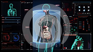 Zooming female Human body scanning internal organs, Digestion system.Blue X-ray light on digital display user interface.
