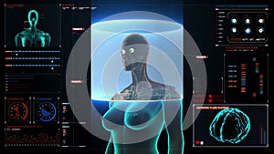 Zooming front Female body and scanning Human eyes system in digital display dashboard. Blue X-ray light.