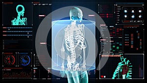 Zooming Human skeletal structure, bone system, Blue X-ray light.in digital dashboard, display panel.