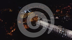 Zooming out of camera from Cathedral of St Barbara and Old Jesuit College in Kutna Hora in the evening, Bohemian region