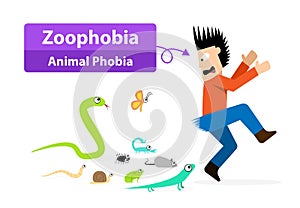 Zoophobia man shocked when see the animals, vector