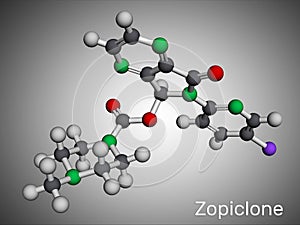 Zopiclone molecule. It is nonbenzodiazepine hypnotic, used to treat difficulty sleeping. Molecular model. 3D rendering photo