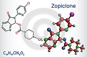 Zopiclone molecule. Structural chemical formula and molecule model. photo