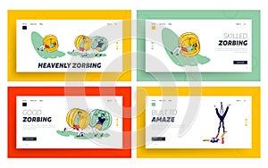 Zorbing Fun Recreation and Aerial Acrobats Performance Landing Page Template Set. Kids Character Having Leisure