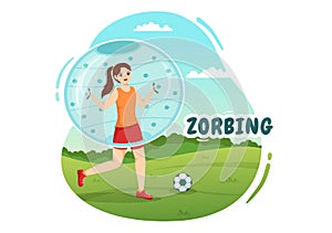 Zorbing Illustration with People Playing Bubble Bump on Green Field or Pool for Web Banner or Landing Page in Hand Drawn Templates