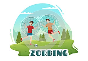 Zorbing Illustration with People Playing Bubble Bump on Green Field or Pool for Web Banner or Landing Page in Hand Drawn Templates