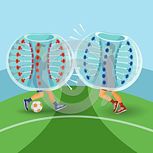 Zorbing illustration. Two man play zorbing soccer