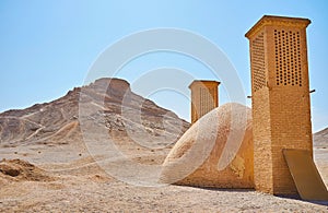 Zoroastrian buildings in desert, Yazd, Iran