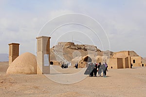 Zoroastrian Tower of Silence and wind towers in Yazd, Iran