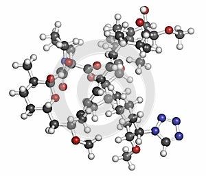 Zotarolimus immunosuppressant molecule. Used in drug-eluting coronary stents. Atoms are represented as spheres with conventional