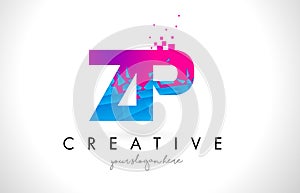 ZP Z P Letter Logo with Shattered Broken Blue Pink Texture Design Vector.
