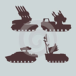 Military equipment set of anti-aircraft missile systems. Vector graphics.