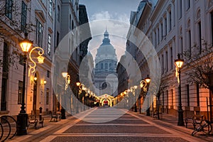 ZrÃ­nyi street, St. Stephen`s Basilica in dim light, Budapest