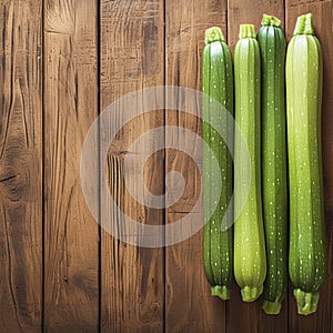 Zucchini arranged on wooden surface, providing space for text