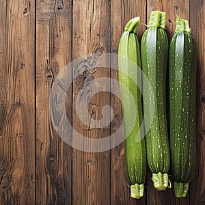 Zucchini arranged on wooden surface, providing space for text