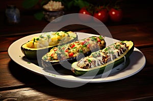 zucchini boats with meat and tomatoes.