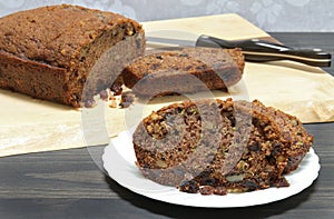 Zucchini Bread with raisins and walnuts, fresly baked and homemade