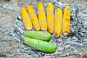 zucchini and corn on the embers