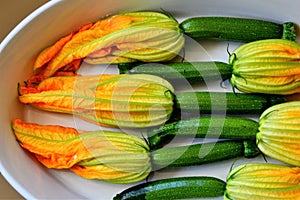 Zucchini or courgette flowers stuffed with cheese in a casserole dish