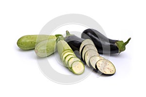 Zucchini and eggplant isolated on white background. Fresh vegetable marrow isolated on white background