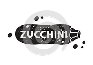 Zucchini grunge sticker. Black texture silhouette with lettering inside. Imitation of stamp, print with scuffs