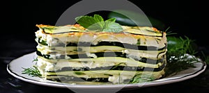Zucchini lasagna on white ceramic plate, grey background, garnished and presented elegantly
