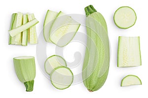Zucchini or marrow isolated on white background with clipping path and full depth of field. Top view. Flat lay. Set or