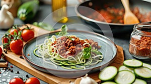 Zucchini noodles topped with bolognese sauce on a plate, kitchen background.